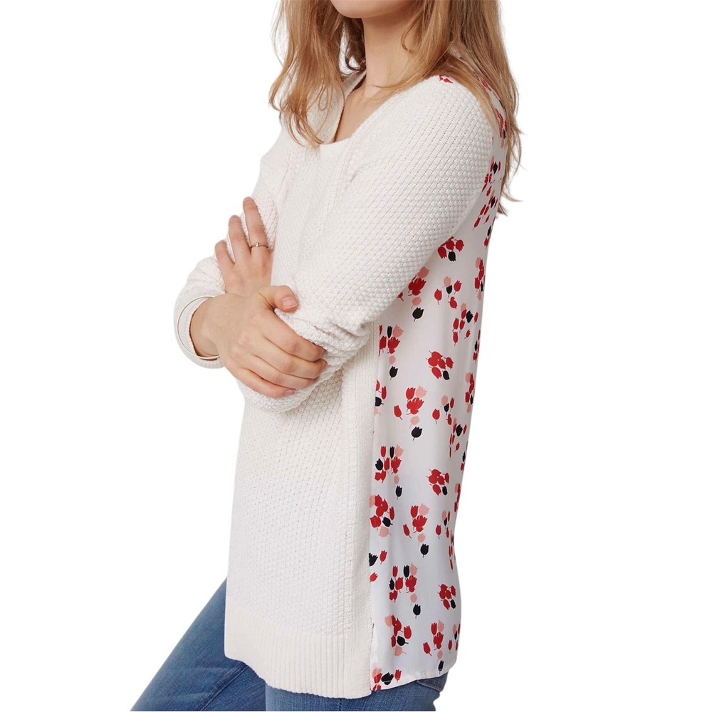 Ann Taylor LOFT Cotton Poly Off White Red Black Mixed-media Pullover Sweater M